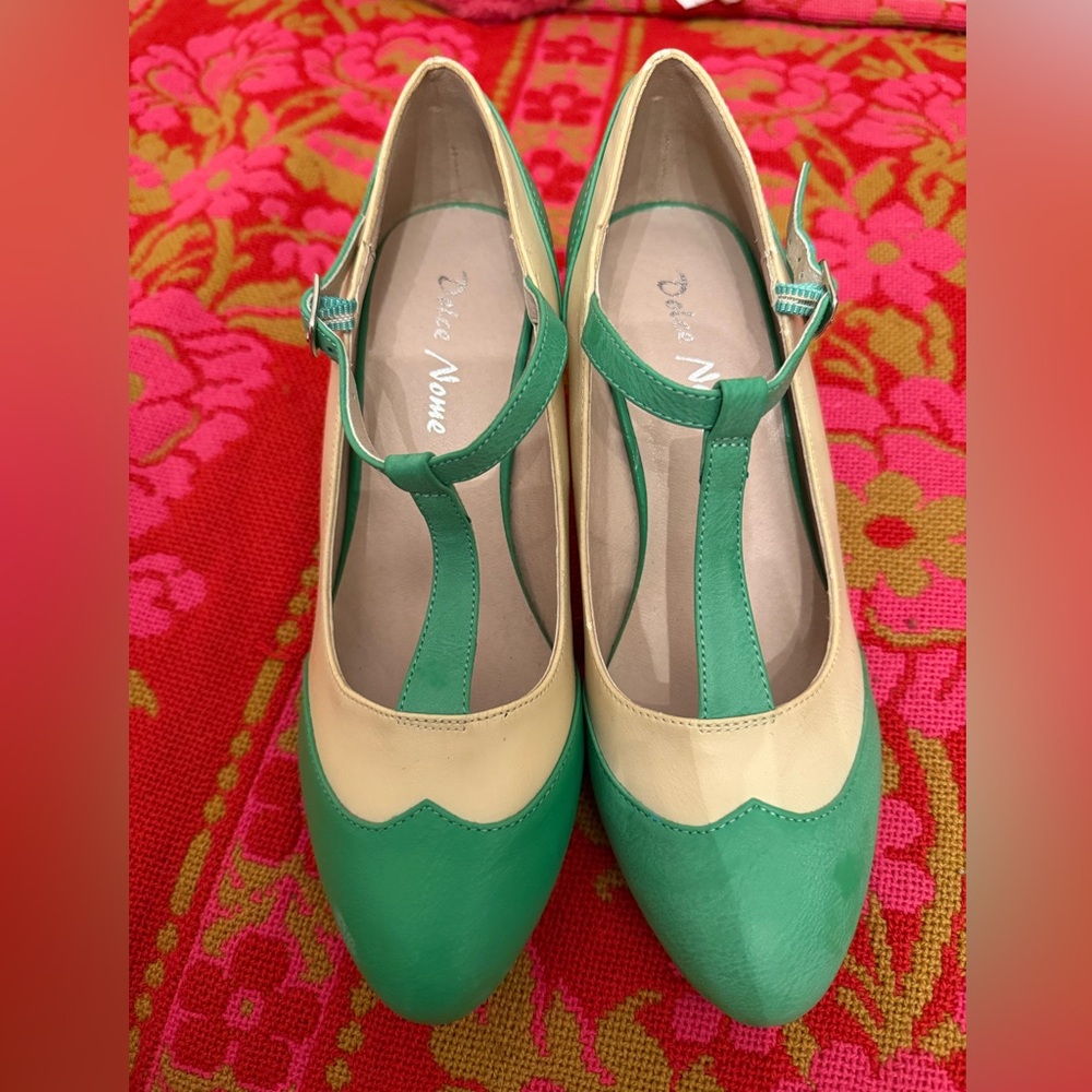 Green and Cream T-Strap Women's Heels
